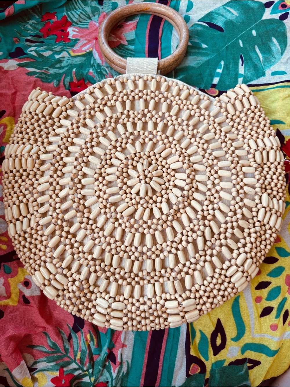 Handmade Natural Wooden Beaded Round Handbag Snap Close Cotton Lined Tote Purse - Picture 4 of 15